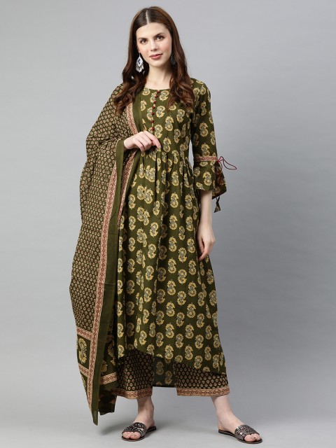 

Jaipur Kurti Women Olive Green & Beige Printed Kurta with Palazzos & Dupatta