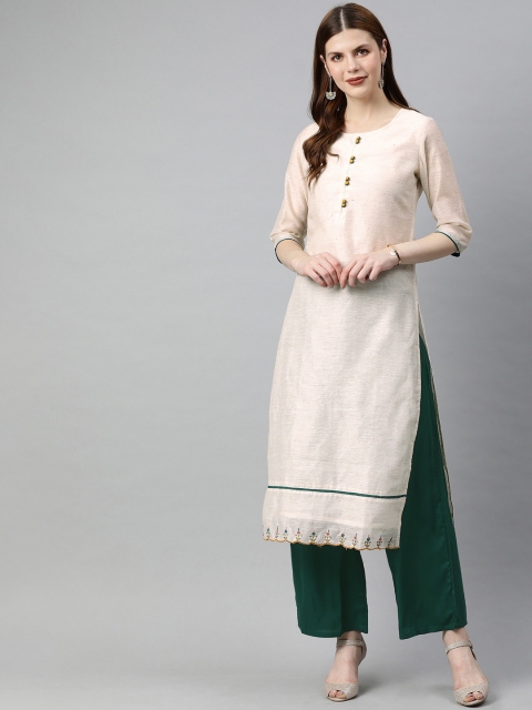 

Jaipur Kurti Women Off-White & Green Solid Kurta with Palazzos
