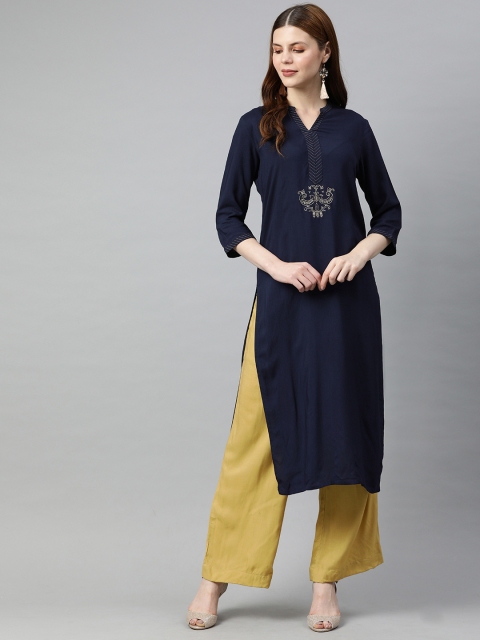 

Jaipur Kurti Women Navy Blue & Beige Solid Kurta with Palazzos