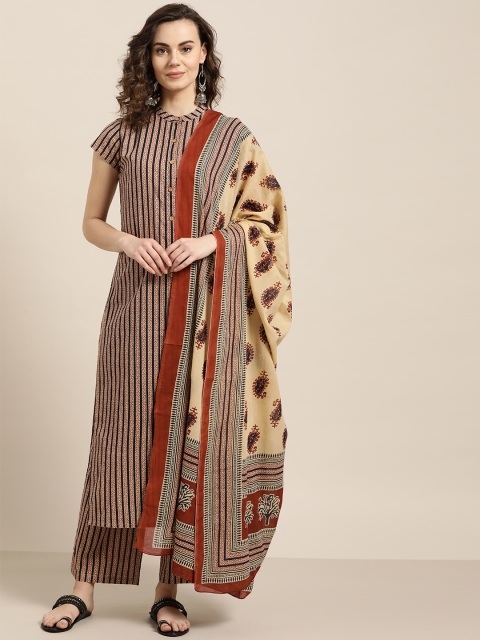 

Jaipur Kurti Women Beige & Navy Blue Striped Kurta with Palazzos & Dupatta