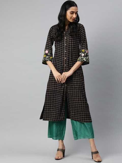 

Jaipur Kurti Women Black & Gold-Toned Embroidered A-Line Kurta