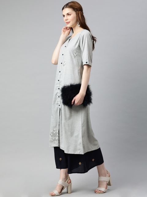 

Jaipur Kurti Women Grey Melange Embroidered A-Line Kurta