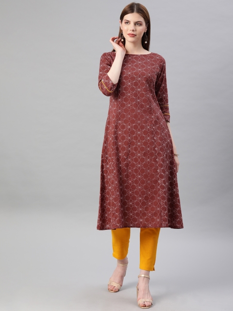

Jaipur Kurti Women Rust Brown & Mustard Yellow Printed Kurta with Trousers