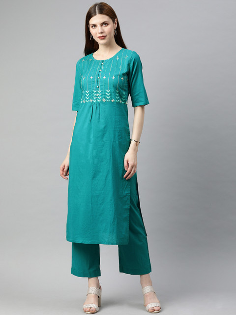 

Jaipur Kurti Women Teal Solid Kurta with Palazzos