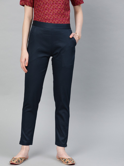 

Jaipur Kurti Women Navy Blue Regular Fit Solid Cropped Trousers