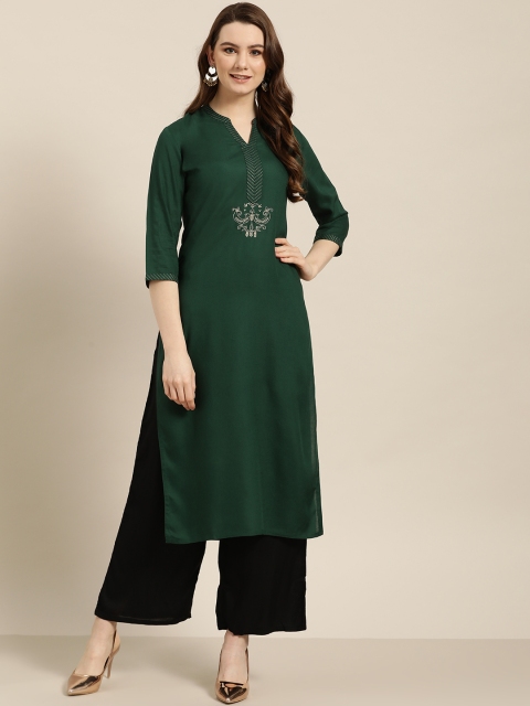 

Jaipur Kurti Women Green & Golden Zari Embroidered Detail Straight Kurta