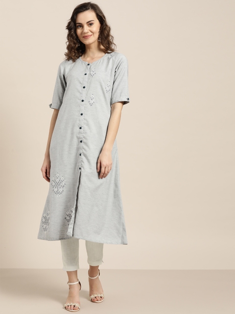 

Jaipur Kurti Women Grey & White Embroidered Kurta with Trousers