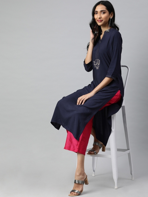 

Jaipur Kurti Women Navy Blue Embroidered Detail Straight Kurta