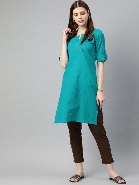 

Jaipur Kurti Women Turquoise Blue & Coffee Brown Solid Kurta with Trousers