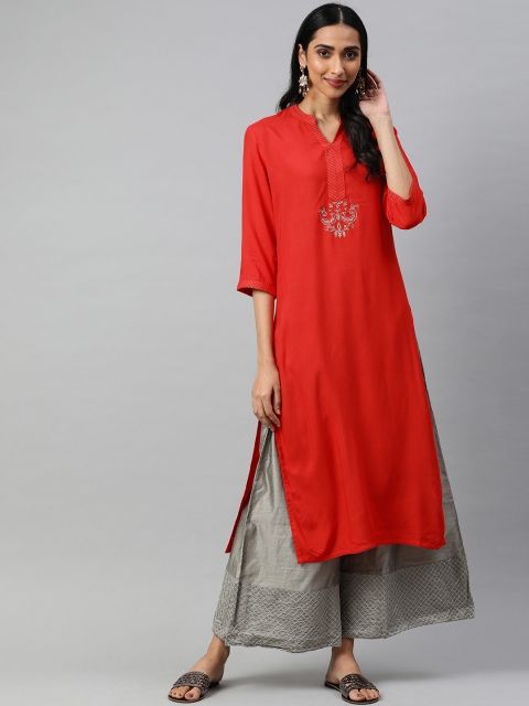 

Jaipur Kurti Women Red Embroidered Straight Kurta