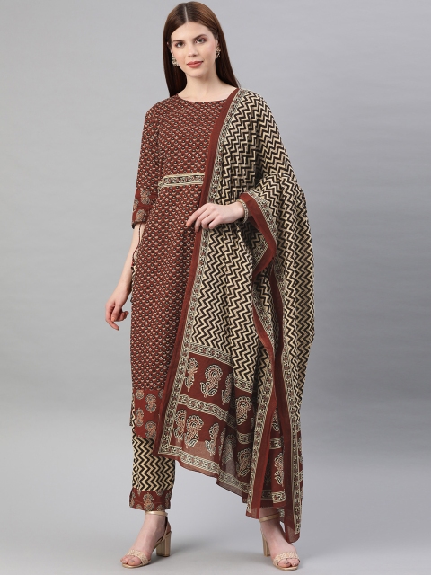 

Jaipur Kurti Women Maroon & Beige Printed Kurta with Palazzos & Dupatta