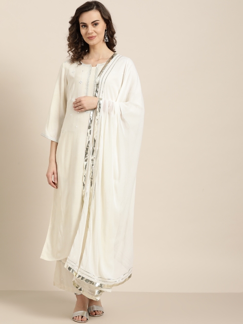 

Jaipur Kurti Women Cream-Coloured Dobby Weave Yoke Design Kurta with Palazzos & Dupatta