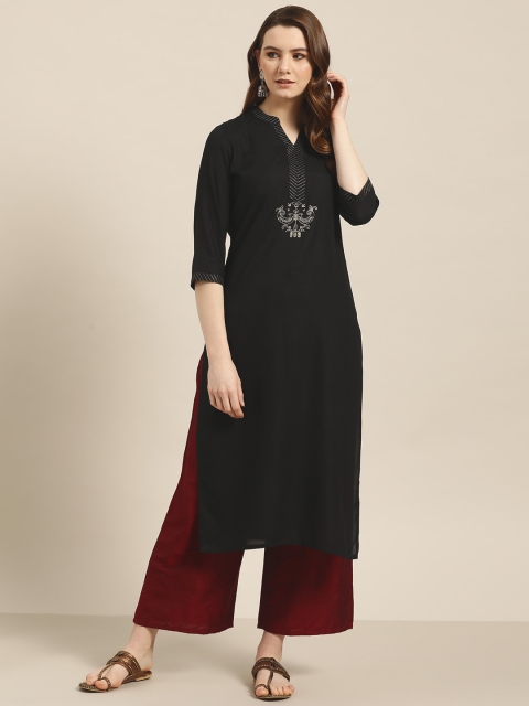 

Jaipur Kurti Women Black & Golden Zari Embroidered Detail Straight Kurta