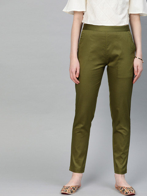 

Jaipur Kurti Women Olive Green Regular Fit Solid Cropped Trousers