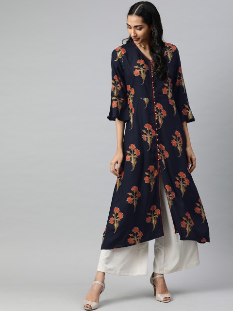 

Jaipur Kurti Women Navy Blue & Red Printed A-Line Kurta