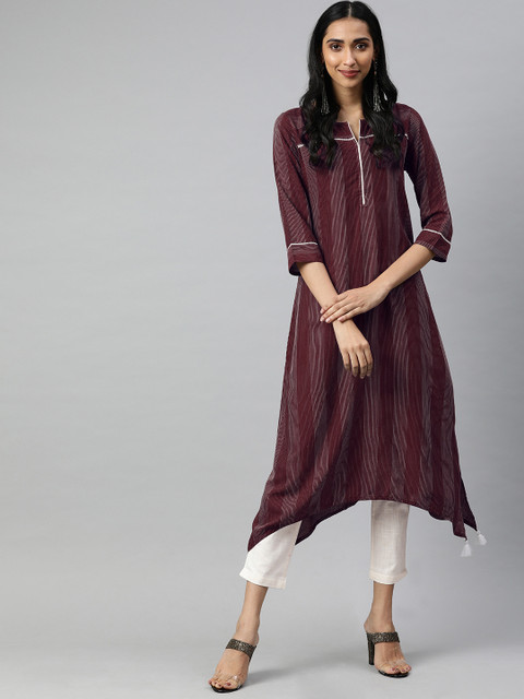 

Jaipur Kurti Women Maroon & Off-White Self Design Kurta with Trousers