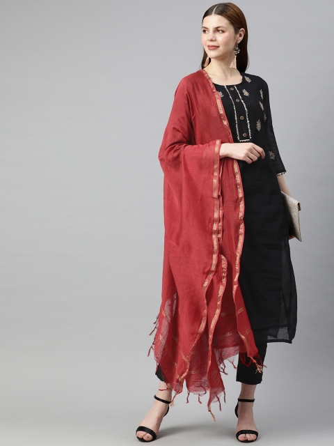 

Jaipur Kurti Women Black Embroidered Kurta with Trousers & Dupatta