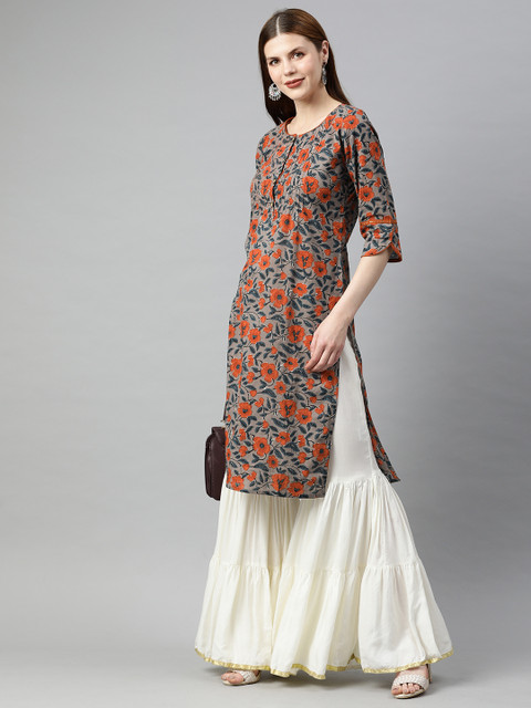 

Jaipur Kurti Women Grey & Orange Floral Print Straight Kurta