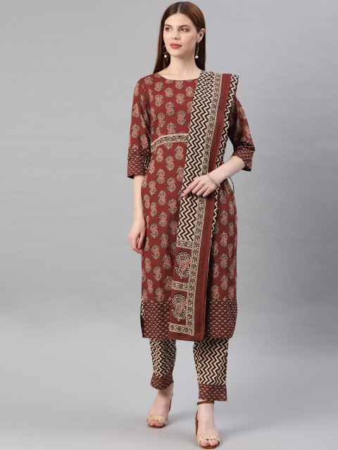 

Jaipur Kurti Women Maroon & Beige Printed Kurta with Trousers & Dupatta