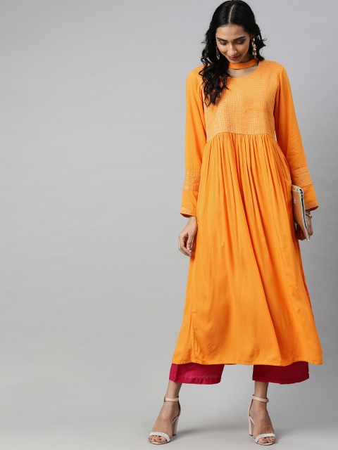 

Jaipur Kurti Women Mustard Yellow Embroidered A-Line Kurta