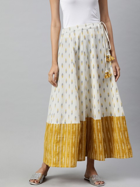 

Jaipur Kurti Women Off White & Mustard Yellow Ikat Printed Maxi Skirt