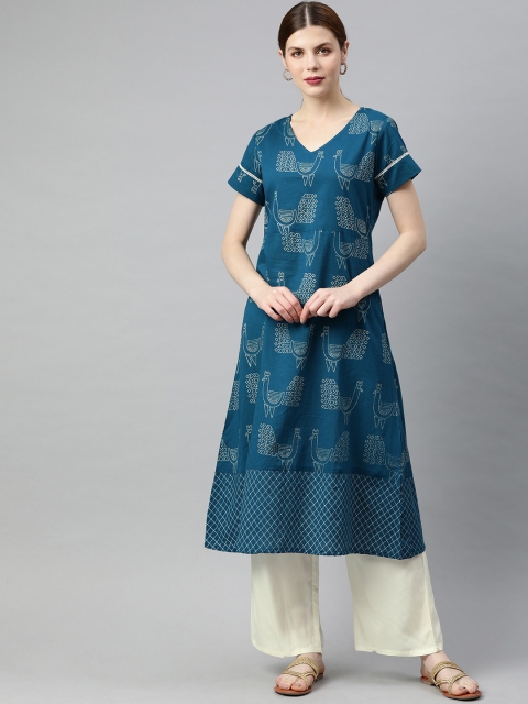 

Jaipur Kurti Women Teal Blue & Off-White Printed Kurta with Palazzos