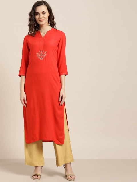 

Jaipur Kurti Women Coral Red & Beige Solid Kurta with Palazzos