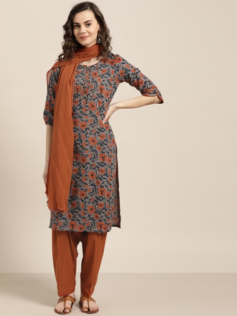 

Jaipur Kurti Women Grey & Orange Printed Kurta with Patiala & Dupatta