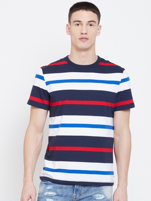 

AMERICAN EAGLE OUTFITTERS Men Navy Blue & White Striped Round Neck T-shirt