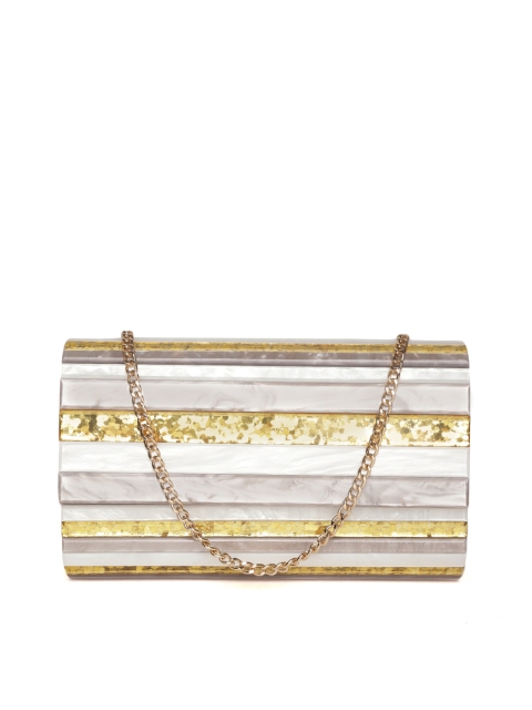 

Forever New Grey & Gold-Toned Striped & Embellished Purse Clutch