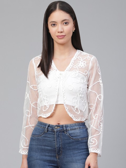 

JC Collection Women White Self Design Sheer Button Shrug