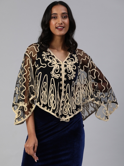 

JC Collection Women Black & Off-White Embroidered Button Shrug