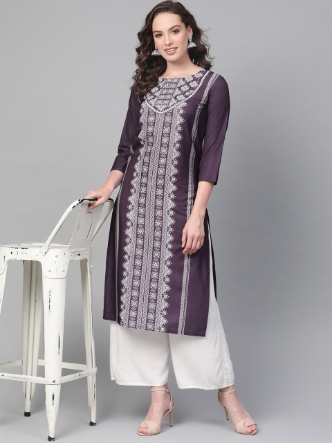 

AHIKA Women Purple & Off-White Printed Straight Kurta