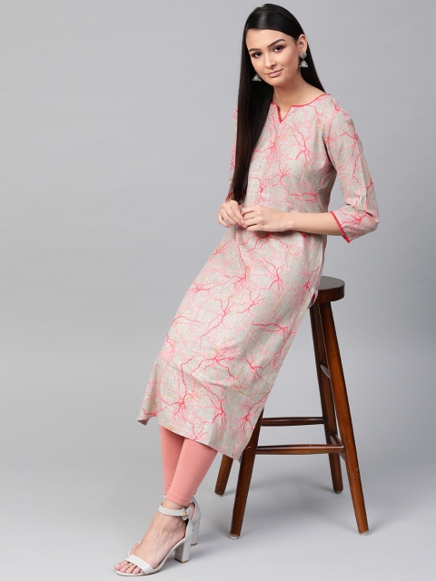 

AHIKA Women Grey & Pink Printed Straight Kurta