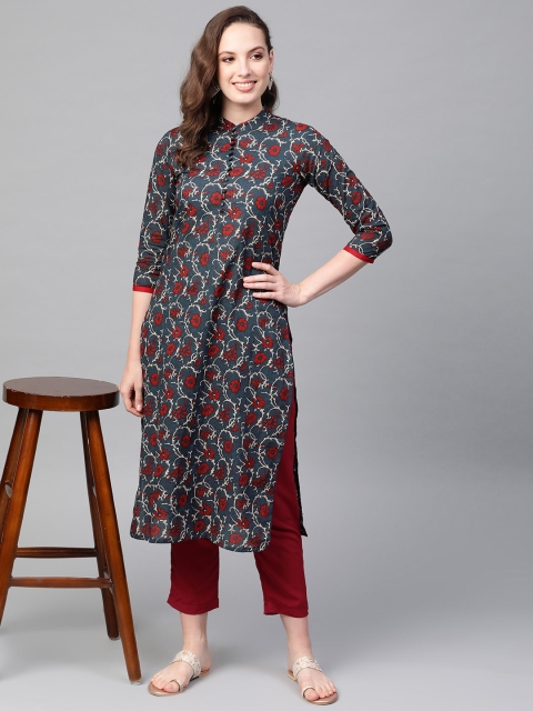 

AHIKA Women Navy Blue & Red Printed Straight Kurta