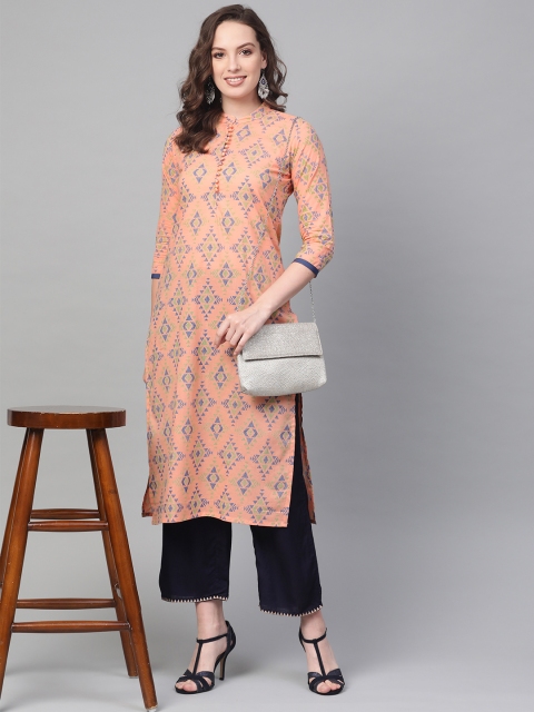 

AHIKA Women Peach-Coloured & Blue Printed Straight Kurta