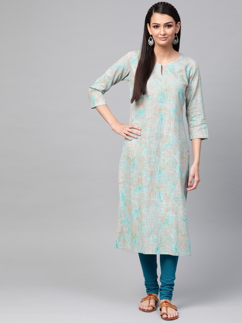 

AHIKA Women Grey & Sea Green Printed Straight Kurta