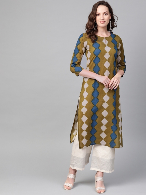 

AHIKA Women Olive Green & Navy Blue Printed Straight Kurta