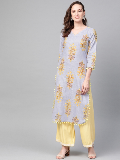 

AHIKA Women Blue & Yellow Printed Straight Kurta