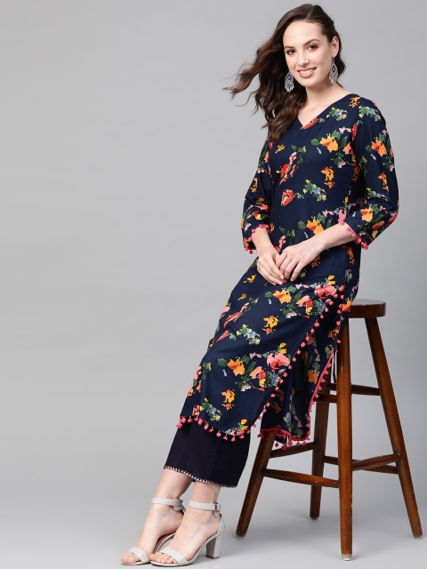 

AHIKA Women Navy Blue & Pink Floral Printed Straight Kurta