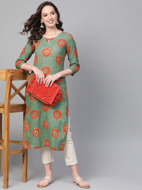 

AHIKA Women Green & Red Printed Straight Kurta