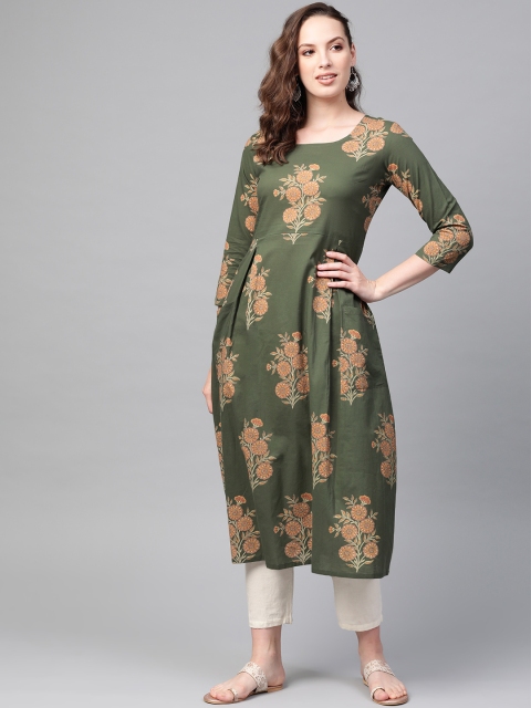 

AHIKA Women Green & Beige Printed A-Line Kurta