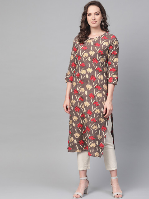

AHIKA Women Brown & Red Printed Straight Kurta