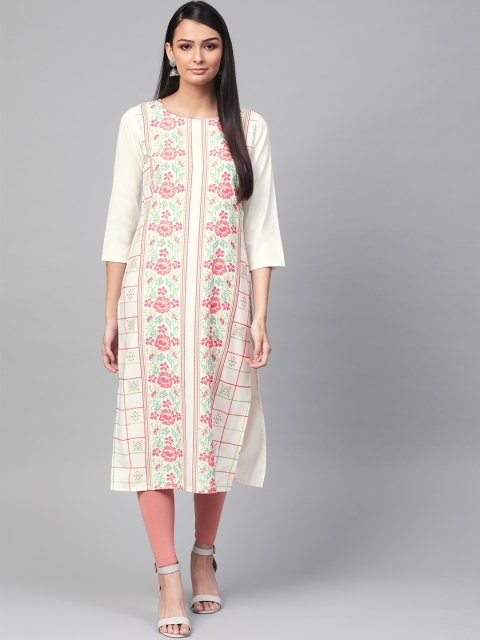 

AHIKA Women Off-White & Pink Printed Straight Kurta