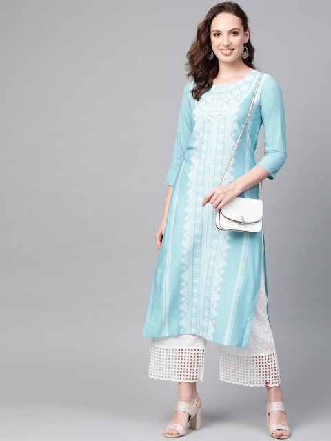 

AHIKA Women Blue & White Printed Straight Kurta