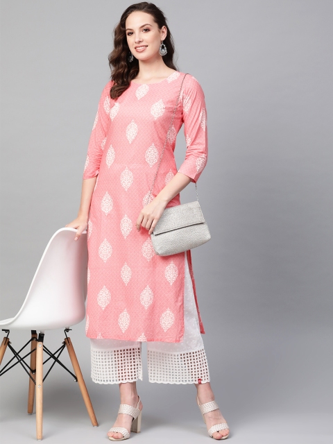 

AHIKA Women Pink & White Printed Straight Kurta