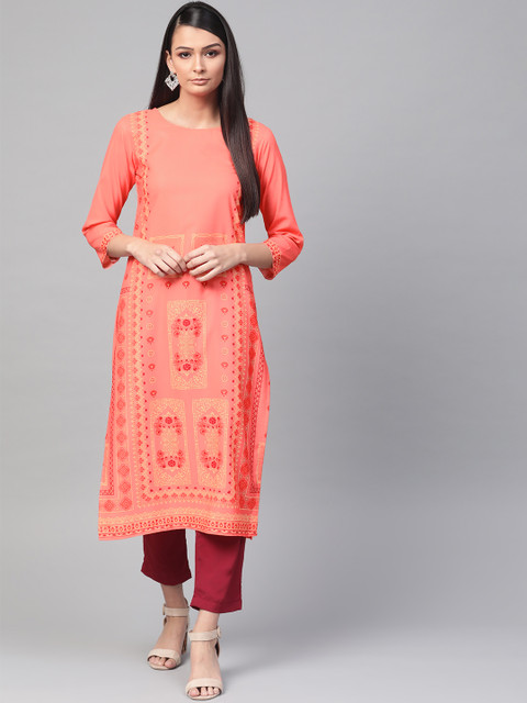 

AHIKA Women Peach-Coloured & Red Printed Straight Kurta