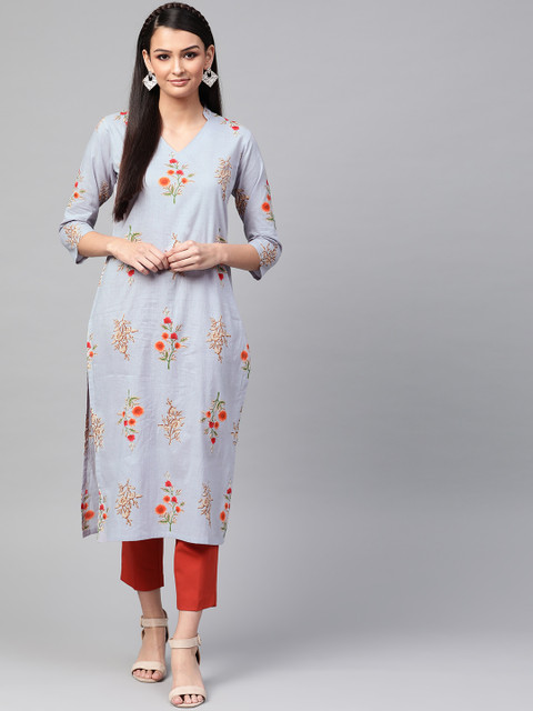 

AHIKA Women Blue & Orange Printed Straight Kurta