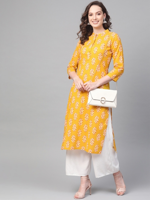 

AHIKA Women Mustard Yellow & Pink Printed Straight Kurta