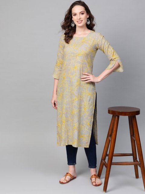 

AHIKA Women Grey & Yellow Printed Straight Kurta